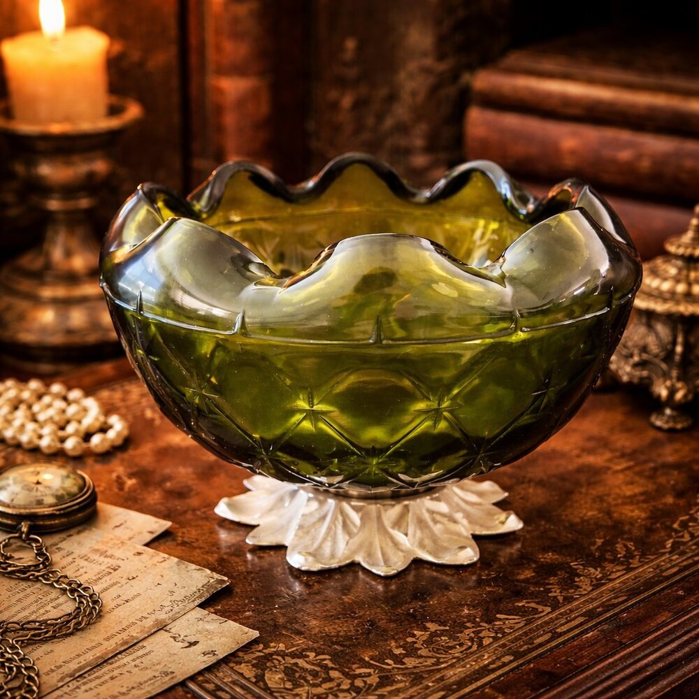 Vintage Green Glass Compote Bowl with Star Pattern and Scalloped Rim – Elegant D
